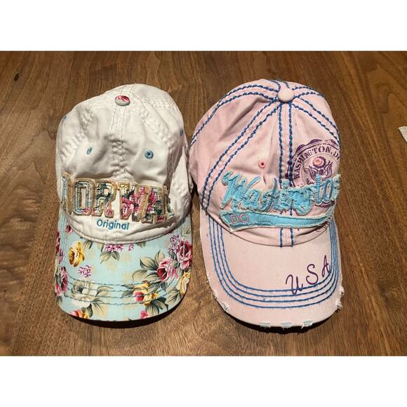 Robin Ruth Hats Lot of 2 Norway and Washington DC Pink Blue Distressed Womens - Picture 1 of 9